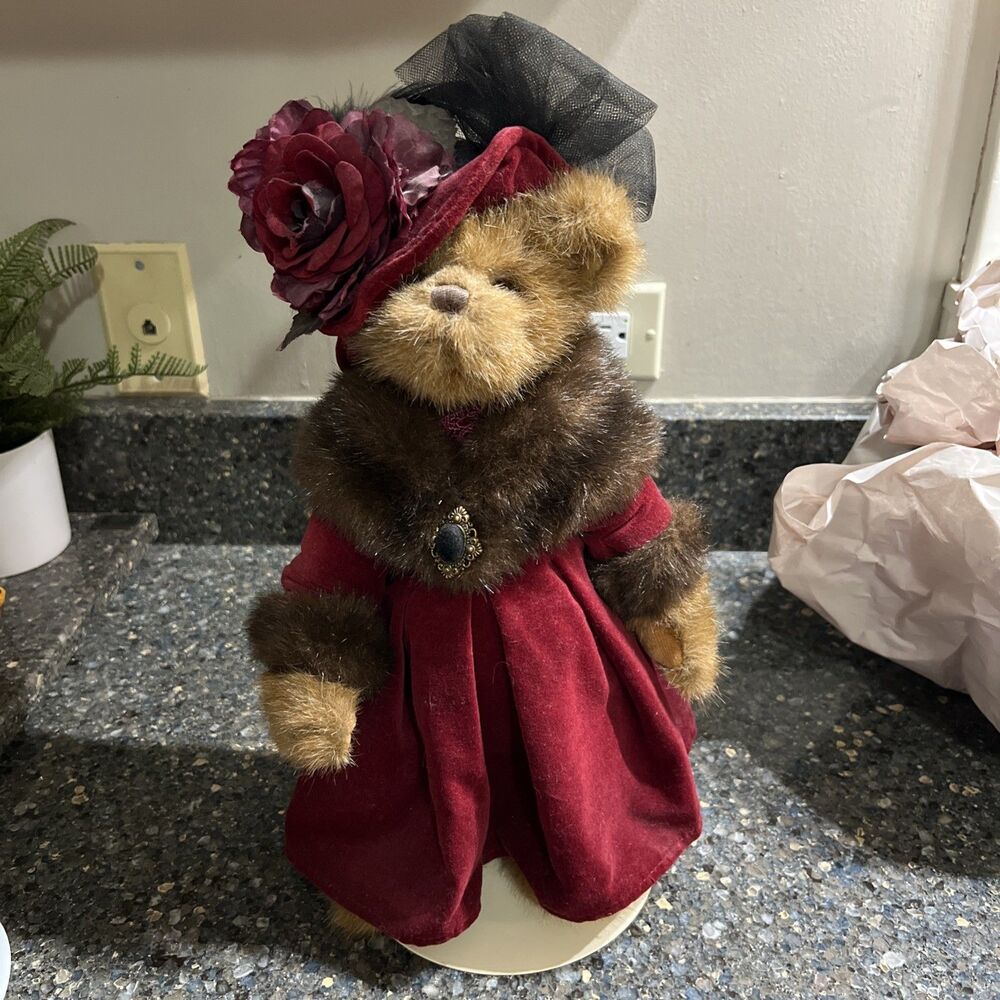 Bearington Collection Bear Tanyah Teabeary Burgundy Dress Brooch Hat Handmade